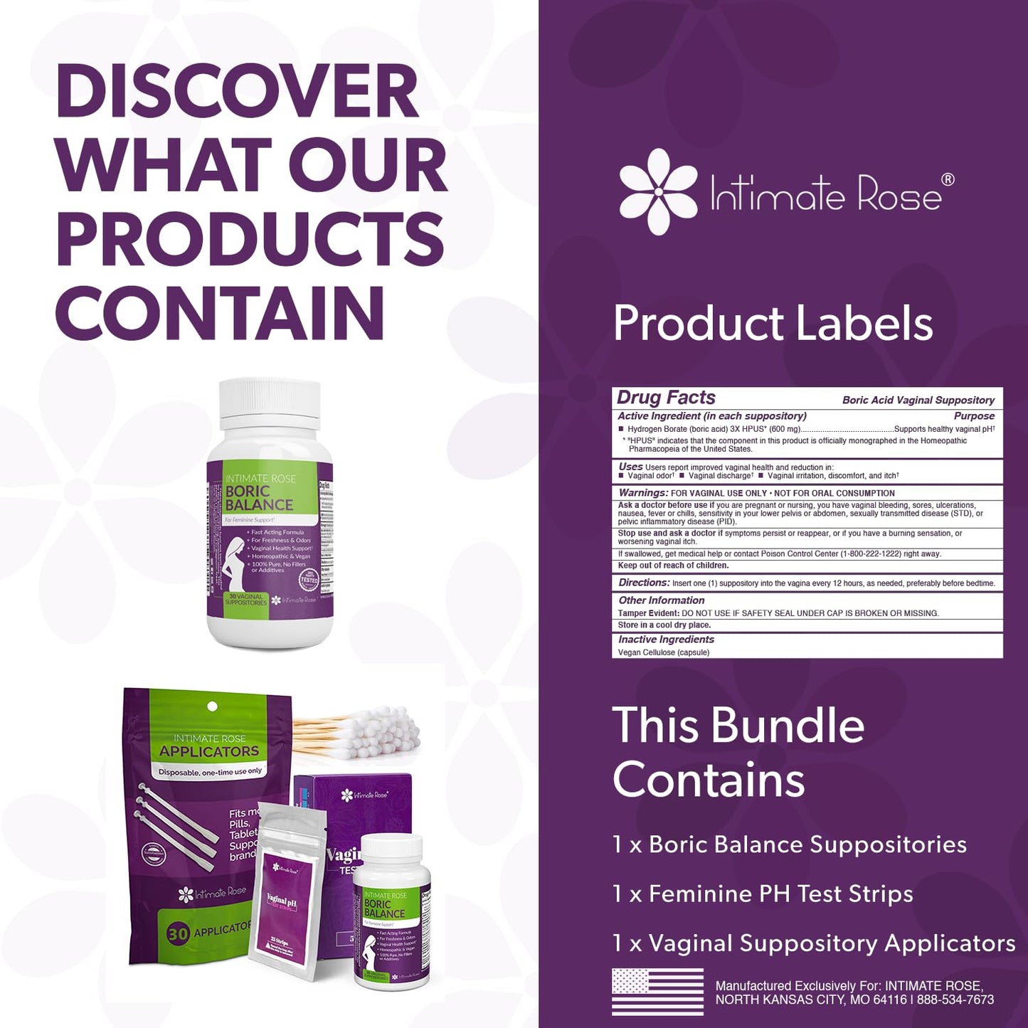 Intimate Rose Boric Acid Suppositories + 15 Count Vaginal Suppository Applicator + pH Test Strips Intimate RoseBuy Supplements Australia