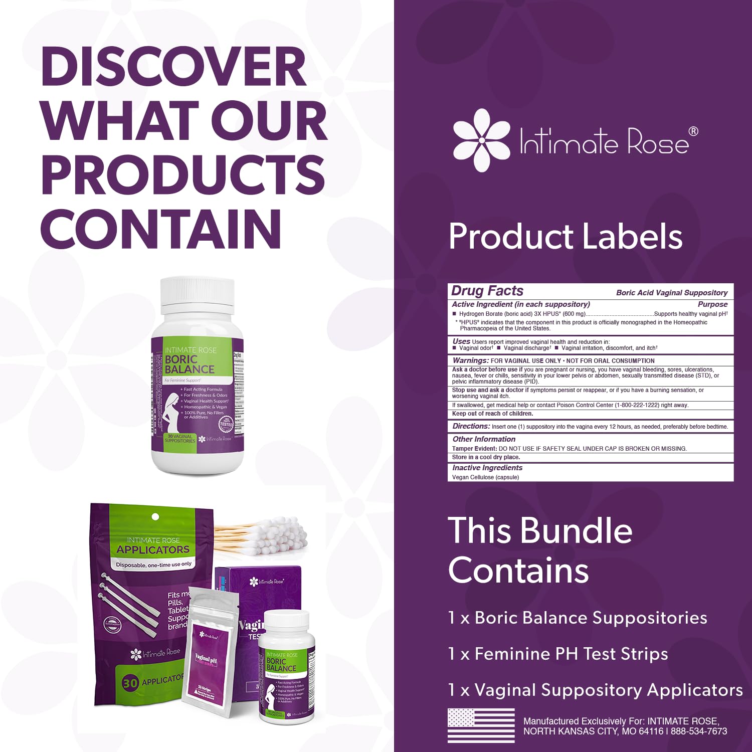 Intimate Rose Boric Acid Suppositories + 15 Count Vaginal Suppository Applicator + pH Test Strips Intimate RoseBuy Supplements Australia