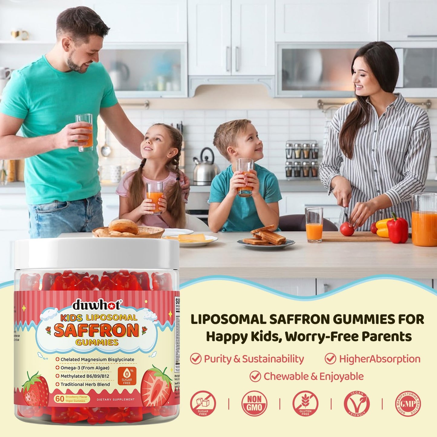 Liposomal Saffron Gummies for Kids 4+, Saffron Supplements w/Holy Basil, Rosemary, Magnesium Glycinate, Omega-3 & More, Brain Focus Support Supplement, Vegan, Organic, Sugar Free, 60 Chewables duwhotBuy Supplements Australia