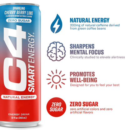 Cellucor C4 Smart Energy Drink - Sugar Free Performance Fuel & Nootropic Brain Booster, Coffee Substitute or Alternative | Cherry Berry Lime 12 Oz - 12 Pack C4Buy Supplements Australia
