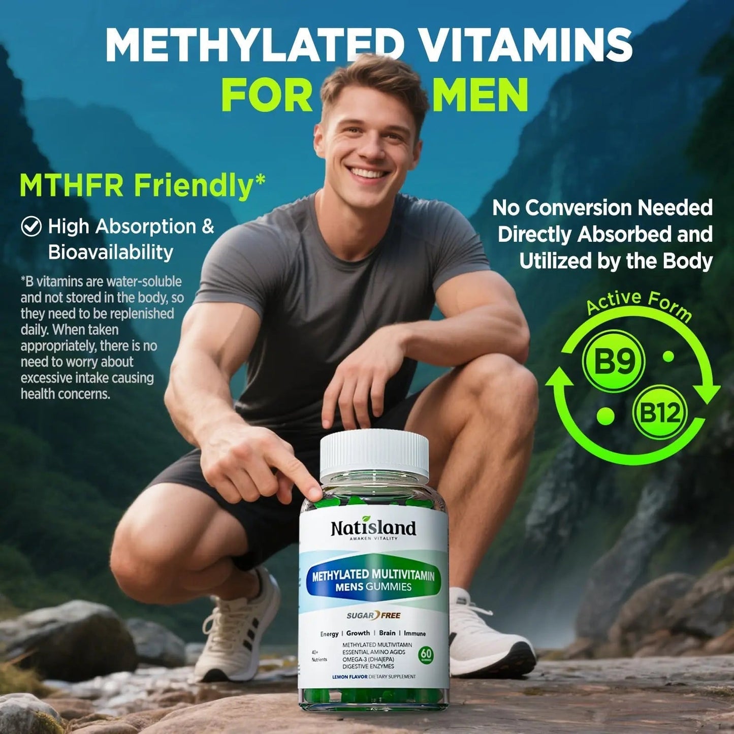 Methylated Multivitamin for Men Gummies, Men`s Multivitamins Gummies with Vitamin B Complex, A, C ,D3, E, K2, Calcium, Magnesium, Omega-3 NATISLANDBuy Supplements Australia
