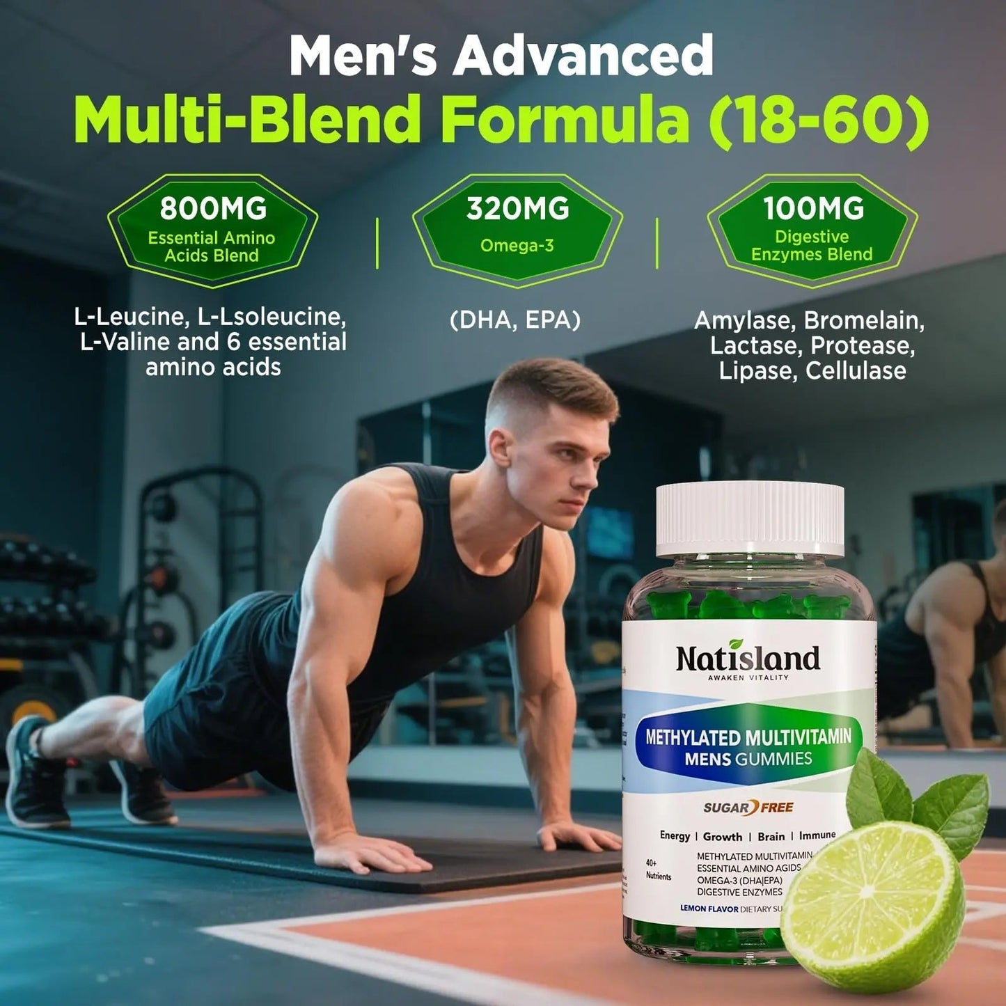 Methylated Multivitamin for Men Gummies, Men`s Multivitamins Gummies with Vitamin B Complex, A, C ,D3, E, K2, Calcium, Magnesium, Omega-3 NATISLANDBuy Supplements Australia