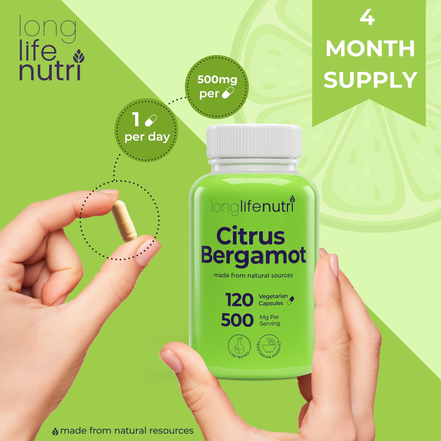 LongLifeNutri Citrus Bergamot Extract 500mg - 120 Vegetarian Capsules, 40% Polyphenolic Flavanones, 4-Month Supply, Plant-Based Anti-Oxidant, Tested, Made in USA LongLifeNutriBuy Supplements Australia