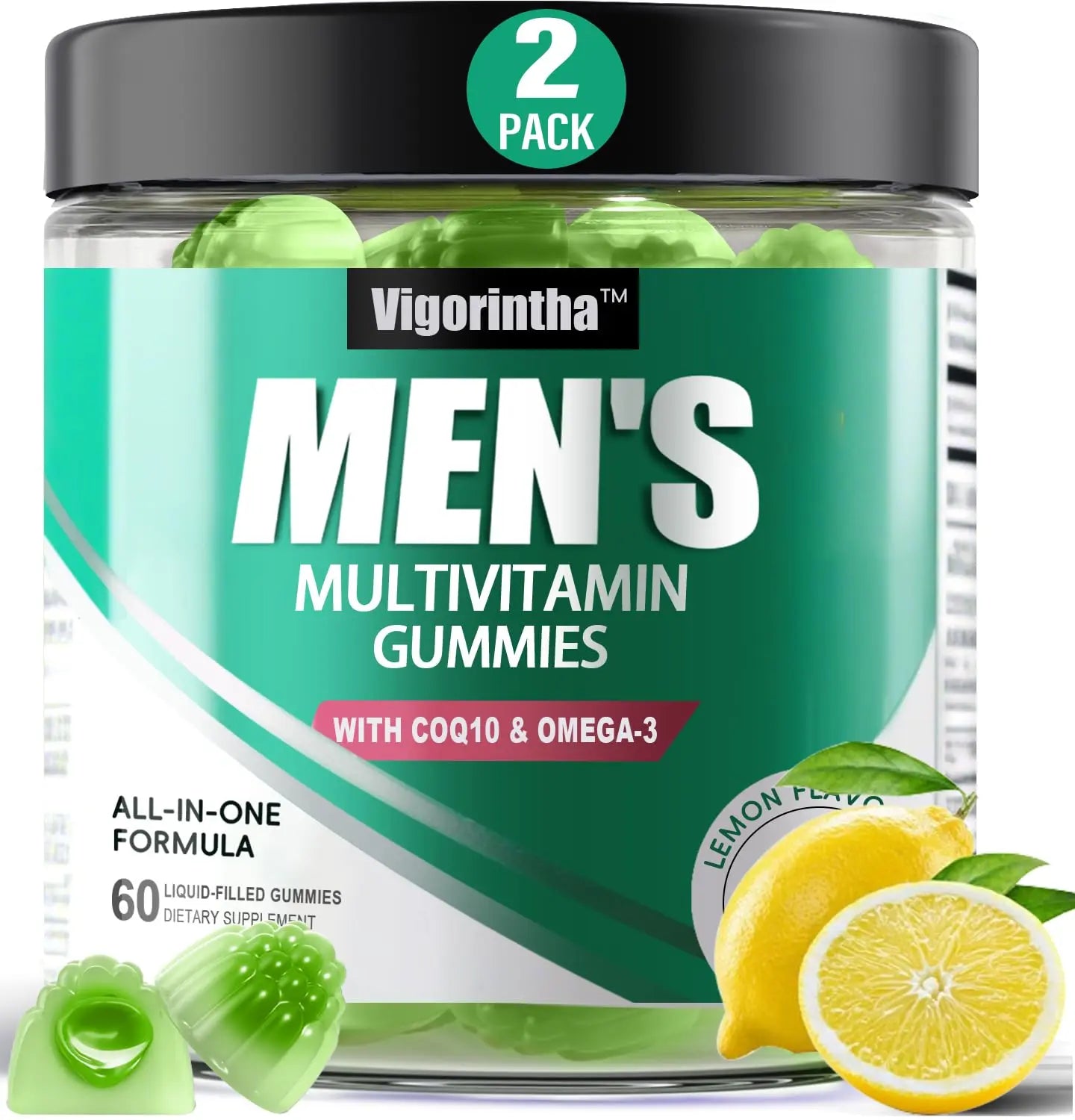 2 Pack Mens Multivitamins Gummies- Methylated Multivitamin for Men with Coq 10, Vegan Omega 3, Vitamins A C E D3 K2 B6 B12 B1 B2 Vigorintha