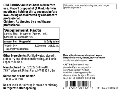 Klaire Labs SFI Health Vitamin B12 Liquid Drops 5mg - Mood & Cognitive Support from 5000mcg Active Coenzyme Methylcobalamin - Hypoallergenic (120 Servings, 4 Fluid Ounces) SFI HealthBuy Supplements Australia