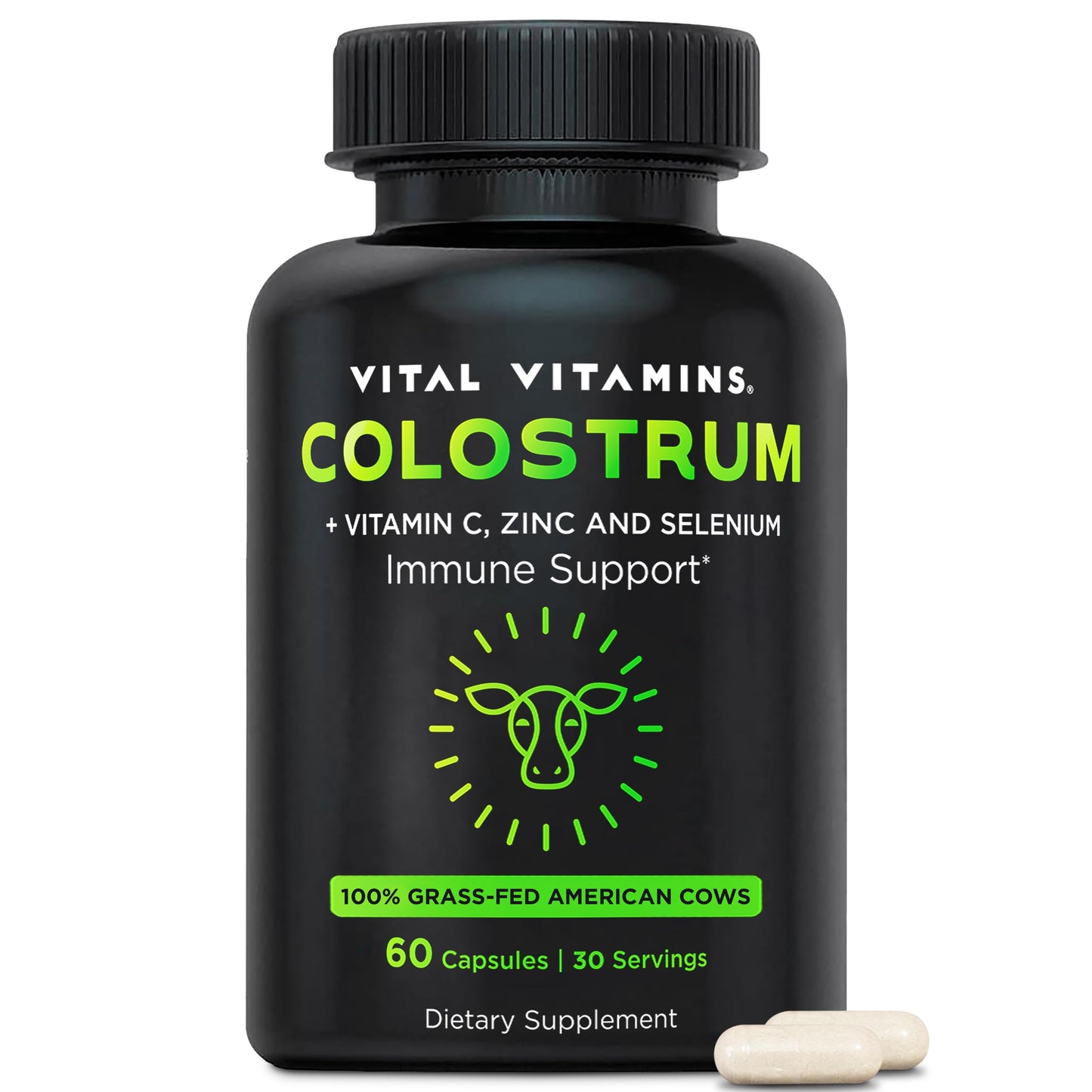 Vital Vitamins Colostrum Supplement - Vitamin C, Zinc, & Selenium - from First Milking - Standardized to Contain 10% IgG Immunoglobulins - Grass-Fed American Cows - 60 Capsules Vital VitaminsBuy Supplements Australia