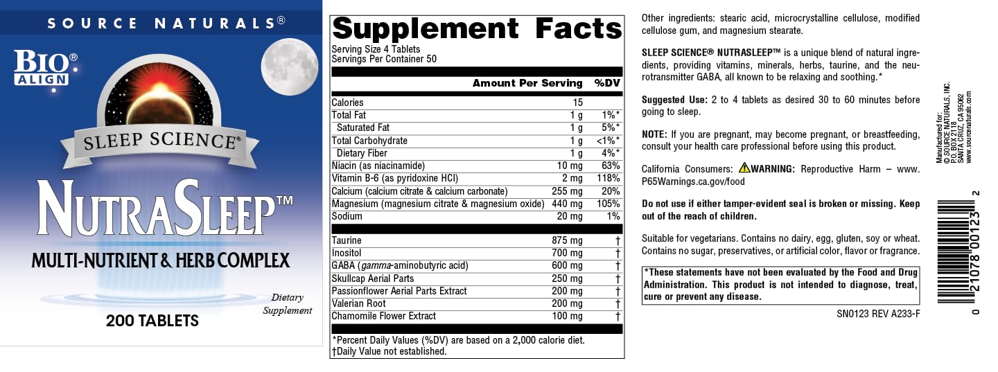 Source Naturals NutraSleep, Melatonin-Free Multi-Nutrient & Herb Complex, Vegetarian Formula for Relaxation Support - 200 Tablets Source NaturalsBuy Supplements Australia