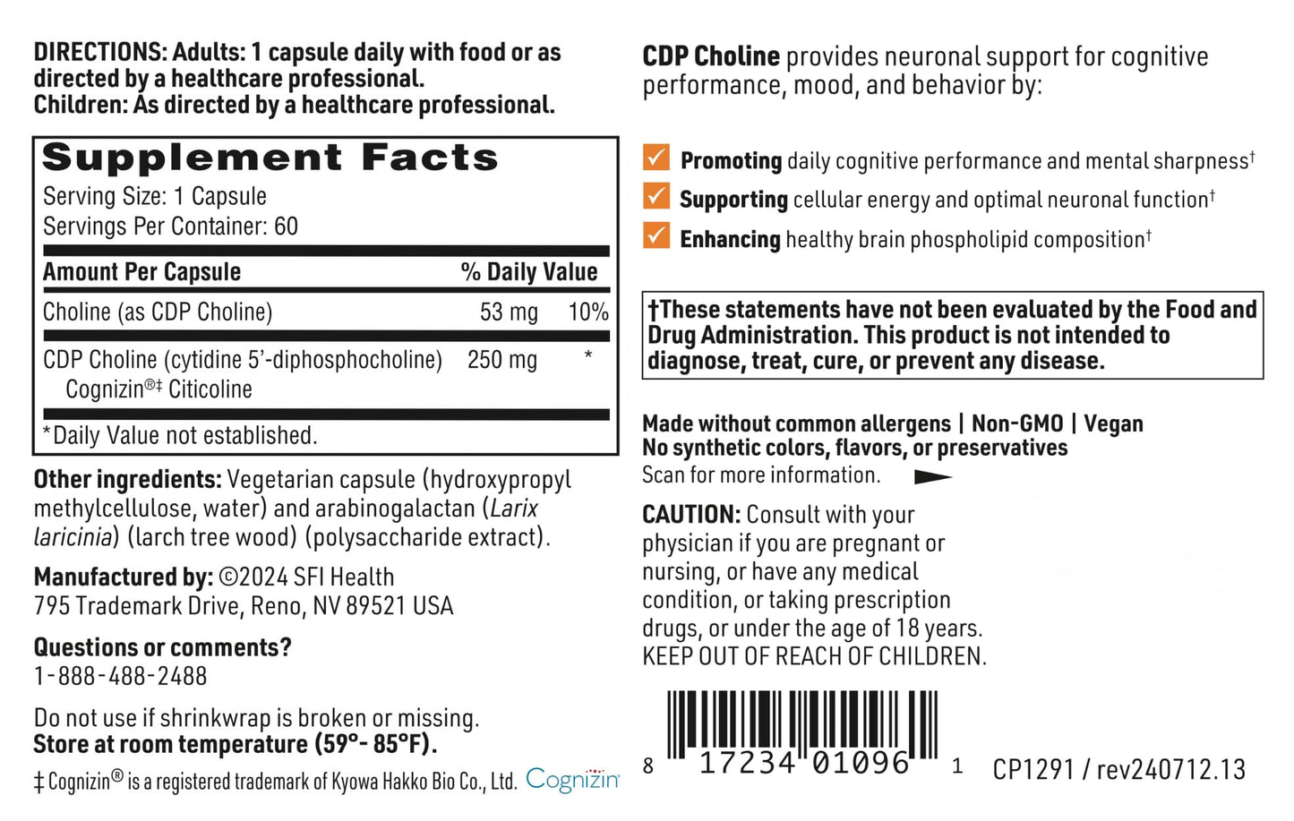Klaire Labs SFI Health CDP Choline 250mg - Soy-Free Choline Supplements - Cognizin Citicoline to Help Support Memory, Focus & Attention - Bioavailable Active Form, Hypoallergenic (60 Capsules) SFI HealthBuy Supplements Australia