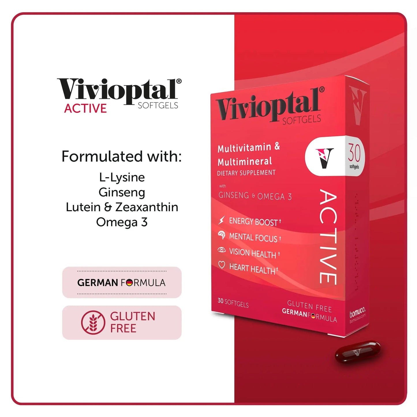Vivioptal Active, 30 Softgels, Ginseng & Omega 3, Multivitamin & Multimineral, Gluten Free, German Formula Vivioptal VitaminsBuy Supplements Australia