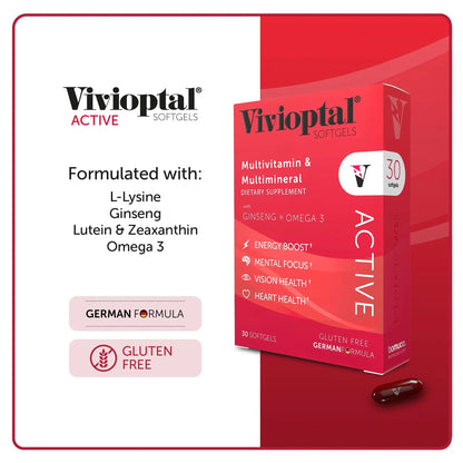 Vivioptal Active, 30 Softgels, Ginseng & Omega 3, Multivitamin & Multimineral, Gluten Free, German Formula Vivioptal VitaminsBuy Supplements Australia