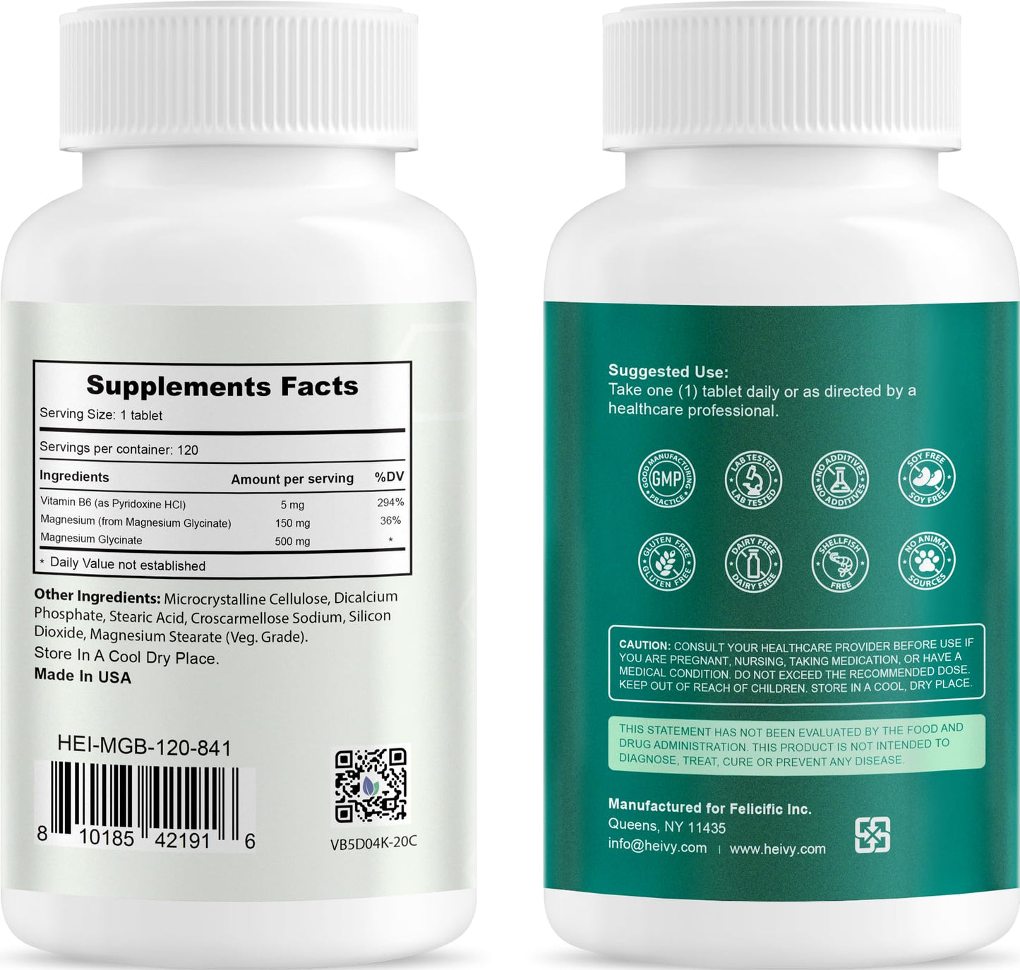 Heivy Pure Magnesium Glycinate 500mg with Vitamin B6, 100% Chelated & Purified Supports Nerve Relife, Sleep Aid & Muscle Support, Vegan & Non-GMO, Made in USA, 3rd Party Tested, 120 Tablets HeivyBuy Supplements Australia
