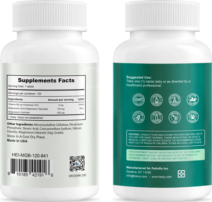 Heivy Pure Magnesium Glycinate 500mg with Vitamin B6, 100% Chelated & Purified Supports Nerve Relife, Sleep Aid & Muscle Support, Vegan & Non-GMO, Made in USA, 3rd Party Tested, 120 Tablets HeivyBuy Supplements Australia