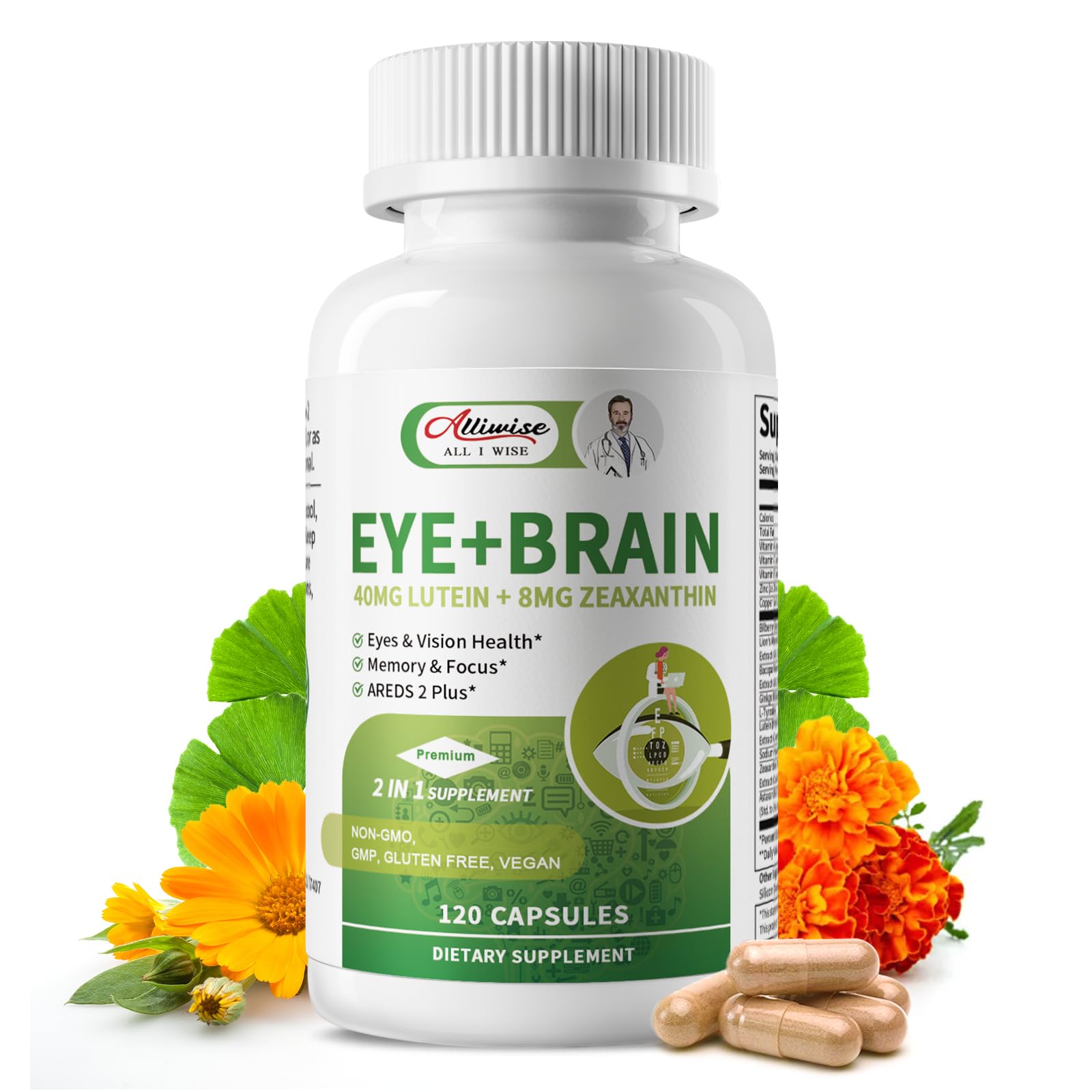 Eye + Brain Supplements for Memory and Focus, Lutein 40mg, Zeaxanthin, Astaxanthin, Bilberry, Lion’s Mane, Bacopa Monnieri, Ginkgo Biloba, 14 in 1 Eye Vitamins for Adults & Seniors 120 Capsules AlliwiseBuy Supplements Australia