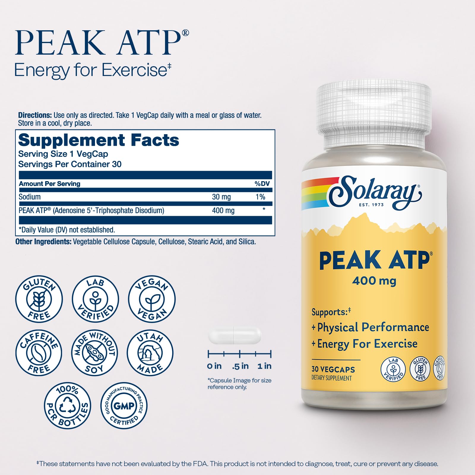 SOLARAY Peak ATP 400 mg - Physical Performance and Exercise Energy Supplements - Stim Free Pre Workout Pills - No Caffeine or Gluten - Lab Verified - 60-Day Guarantee - 30 Servings, 30 VegCaps SOLARAYBuy Supplements Australia