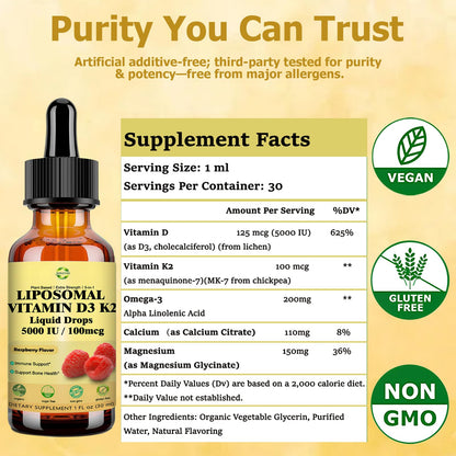 Liquid Vitamin D3 K2 Drops with Calcium Magnesium Omega3, High Potency 5-in-1 D3 K2 Vitamin 5000 IU Supplement for Bone Health, Heart Teeth & Immue, Ultra High Absorption Liposomal D3K2 Plant-Based JUIWEFKKBuy Supplements Australia