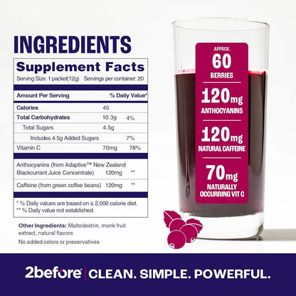 2before All Natural Vegan Pre Workout, with 120mg Caffeine I Clean Energy, Endurance, Recovery I Pre Workout Women and Men I 20 x Individual Packets I Informed Sports Certified I Blackcurrant