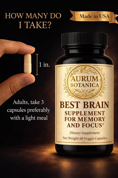 AURUM BOTANICA Best Brain Supplement for Memory and Focus - L-Theanine, Lion's Main, Vitamin B6, B12, D3, Folate, L-Tyrosine, Bacopa Monnieri, Alpha GPC, Theacrine, 30mg of Natural Caffeine (60 Count) AURUM BOTANICABuy Supplements Australia