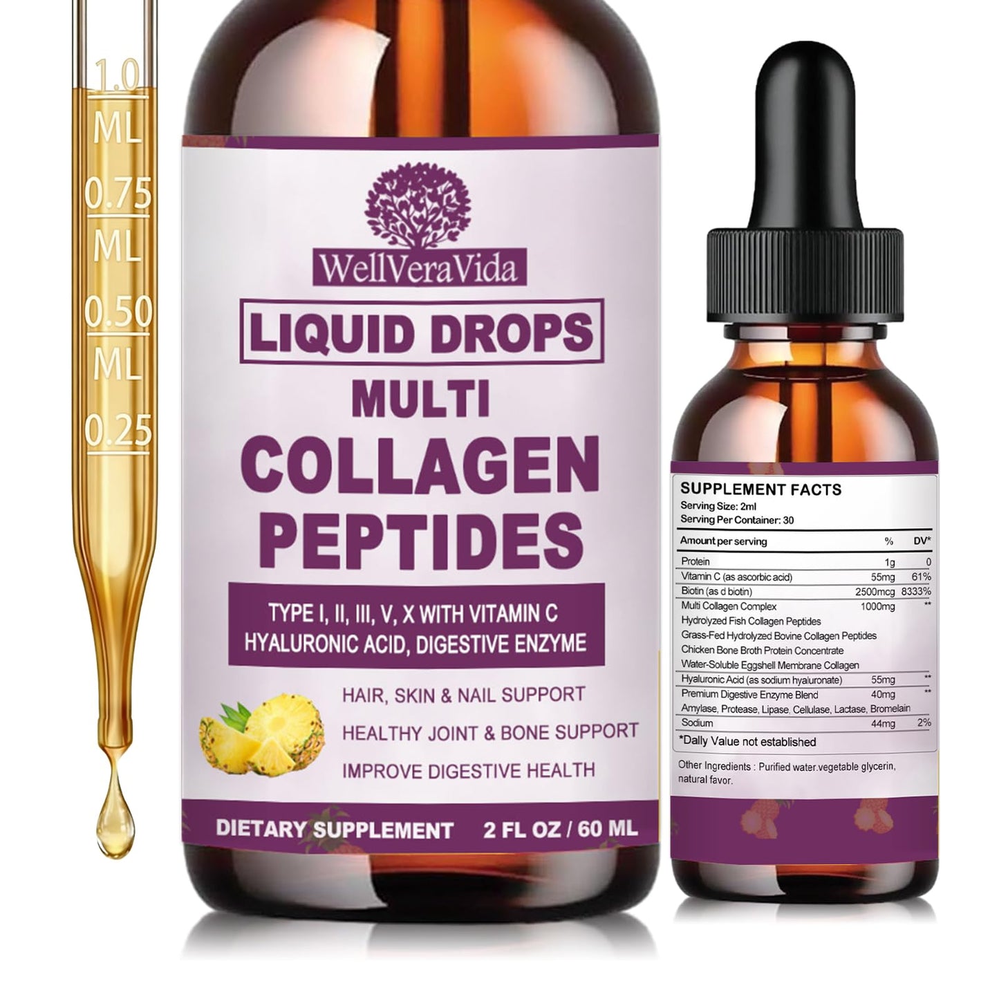 Multi Collagen Peptides Liquid Drops, 2oz – Types I, II, III, V, X, Hydrolyzed Collagen Complex for Hair, Skin, Nails, Bones & Joint Support | Collagen Supplement w. Hyaluronic Acid, Biotin, Vitamin C WellVeraVidaBuy Supplements Australia