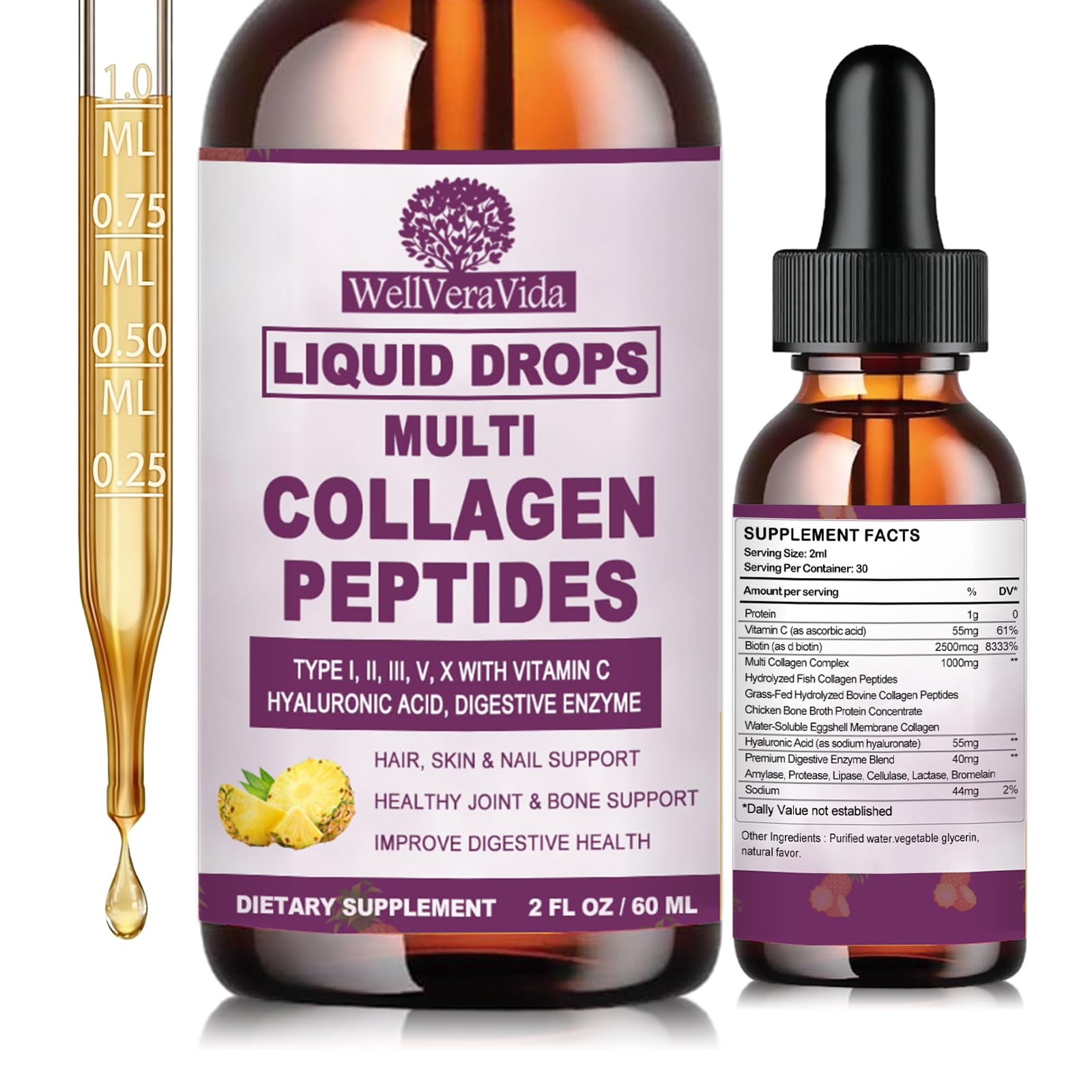 Multi Collagen Peptides Liquid Drops, 2oz – Types I, II, III, V, X, Hydrolyzed Collagen Complex for Hair, Skin, Nails, Bones & Joint Support | Collagen Supplement w. Hyaluronic Acid, Biotin, Vitamin C WellVeraVidaBuy Supplements Australia