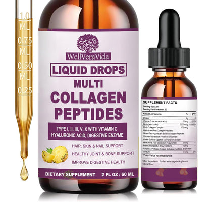 Multi Collagen Peptides Liquid Drops, 2oz – Types I, II, III, V, X, Hydrolyzed Collagen Complex for Hair, Skin, Nails, Bones & Joint Support | Collagen Supplement w. Hyaluronic Acid, Biotin, Vitamin C WellVeraVidaBuy Supplements Australia