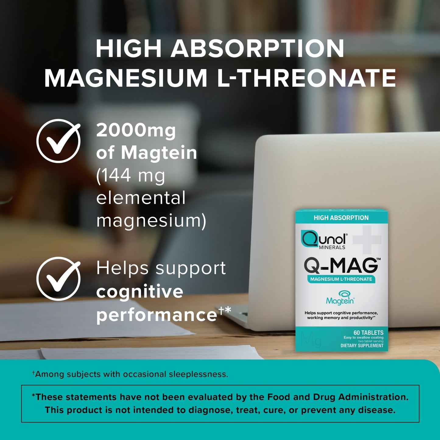 Qunol Q-Mag Magnesium L-Threonate Tablets, 2000mg of Magtein to Help Support Cognitive Performance, Improve Mental Alertness & Productivity, Supports Restful Sleep, High Absorption, 60 Count QunolBuy Supplements Australia