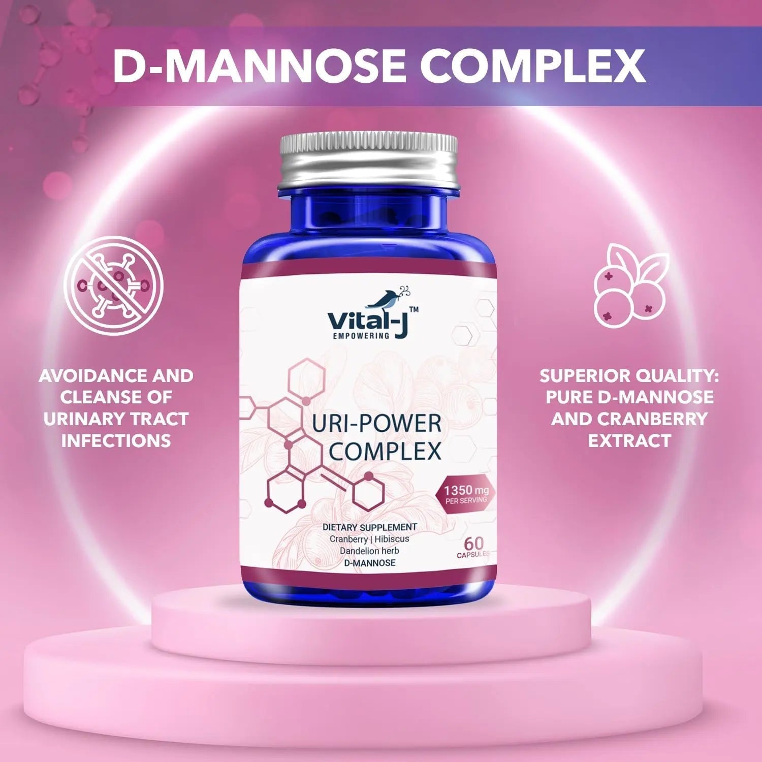 4-IN-1 URI POWER COMPLEX 1350mg - D Mannose, Cranberry, Hibiscus, and Dandelion Herb - Naturally Cleanse the Bladder and Urinary Tract 60 capsules – Specialized Approach for UTI Avoidance Vital-J EmpoweringBuy Supplements Australia