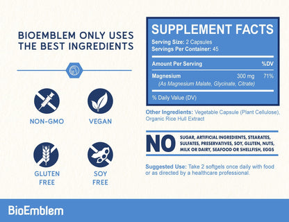 BioEmblem Triple Magnesium Complex | 300mg Magnesium Glycinate, Malate & Citrate | High Absorption Chelated Formula