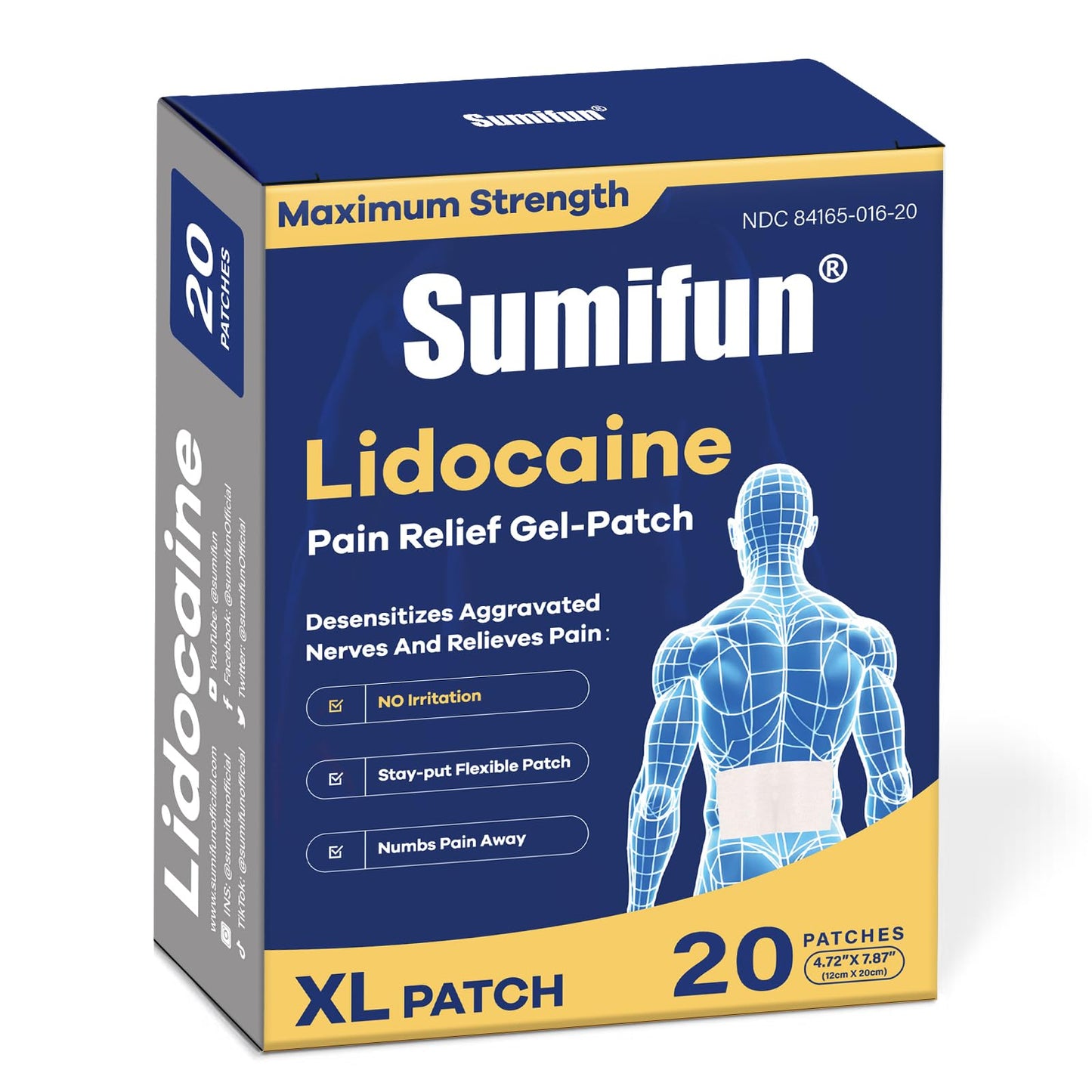 Sumifun XL Lidocaine Patches for Pain Relief, 4% Lidocaine Maximum Strength OTC, Extra Large 4.72"x7.87" for Full Back Pain Patches & Large Areas (Extra Large, Count, 20) SumifunBuy Supplements Australia