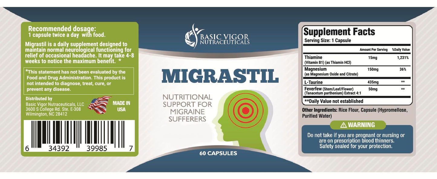 Basic Vigor Migrastil Migraine Support Capsules. Feverfew, Magnesium, Taurine & Vitamin B1 for Migraines Natural Supplement. Made in The USA. Vegan and Gluten Free. Basic VigorBuy Supplements Australia