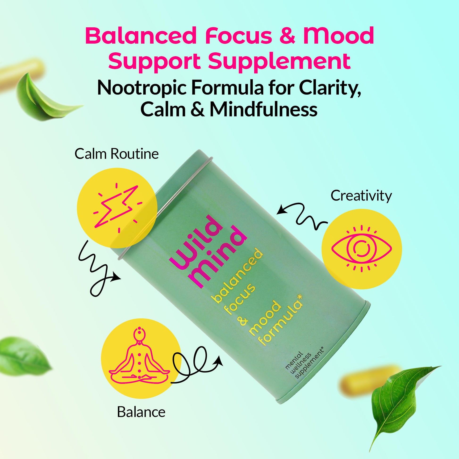 Wild Mind Mental Clarity Balanced Focus & Mood Support Supplement for Mental Wellness– 4-Ingredient Nootropic Brain Support for Calm & Energy – Vegan, 90 Capsules, 30-Day Supply Wild MindBuy Supplements Australia