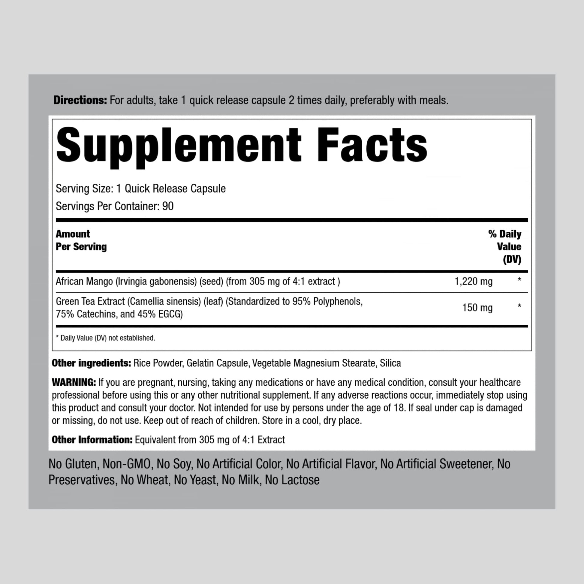 Piping Rock African Mango Seed Extract 1220 mg | 90 Capsules | with Green Tea | Extra Strength Piping RockBuy Supplements Australia