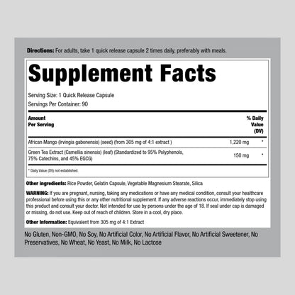 Piping Rock African Mango Seed Extract 1220 mg | 90 Capsules | with Green Tea | Extra Strength Piping RockBuy Supplements Australia