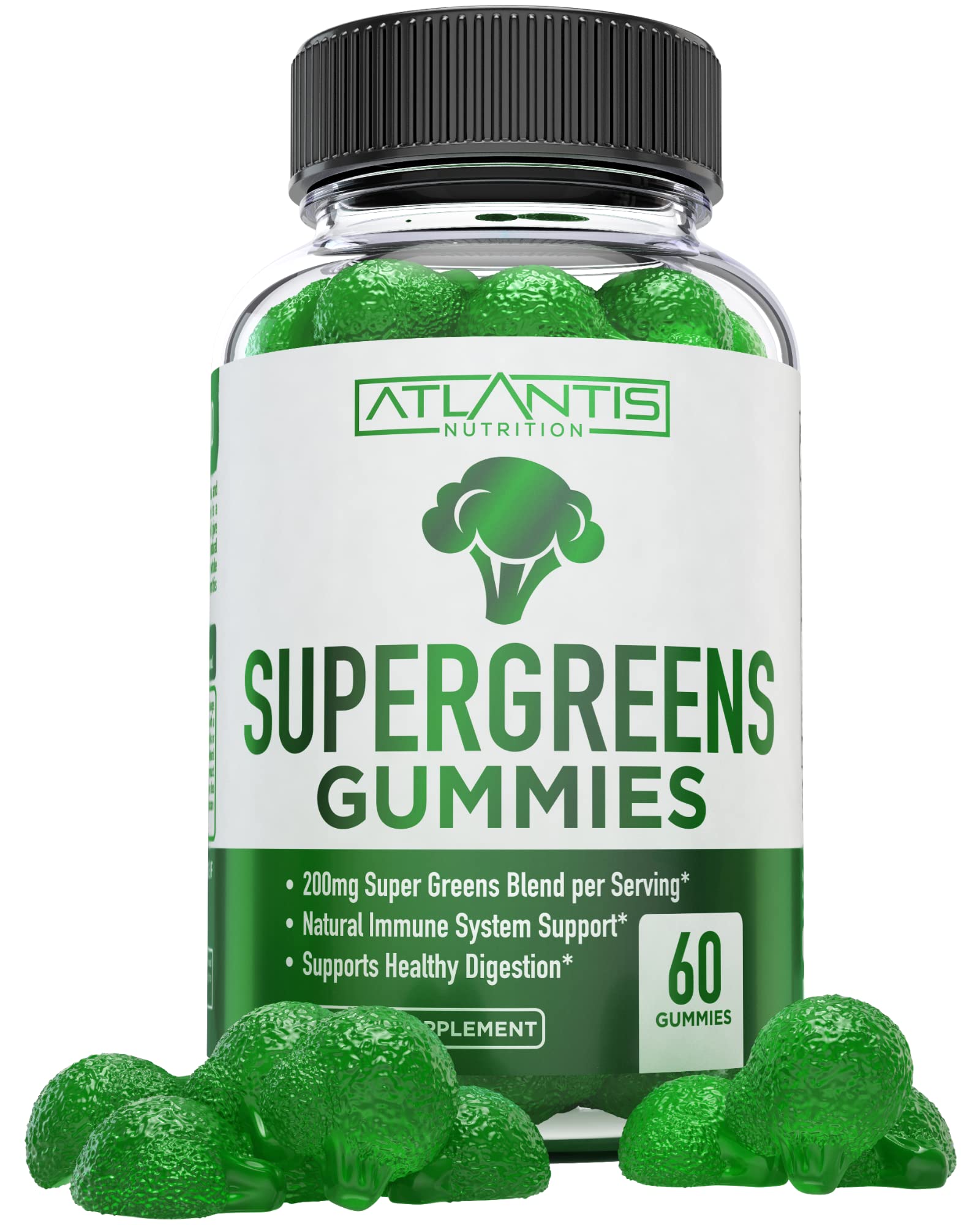 Atlantis Nutrition Supergreens Gummies - Daily Green Superfoods Supplement with Spinach, Broccoli, Moringa, Beet Root, Celery, Green Tea, & Acai for Immunity Support - Natural Raspberry Flavor, 60 cnt Atlantis NutritionBuy Supplements Australia
