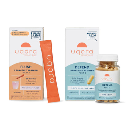 Uqora Flush (Pink Lemonade, 10 Packets) & Defend (60 Capsules) Bundle - Support Urinary Tract* with D-Mannose, Vitamin C & More - Support Bladder Health & Cleanse Biofilm* with D-Mannose & More UqoraBuy Supplements Australia