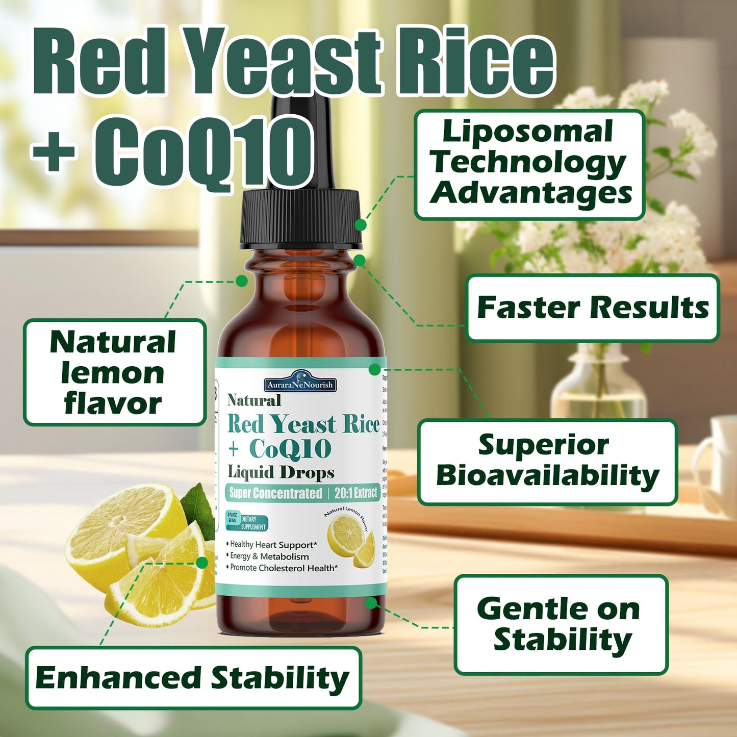 Liposomal Red Yeast Rice with Coq10 Liquid Drops, 5-in-1 Extra Strength 1200mg Cholesterol & Heart Support w. Citrus Bergamot Alpha Lipoic Acid | Cholesterol Lowering Supplement | GMO & Citrinin Free AuraraNeNourishBuy Supplements Australia