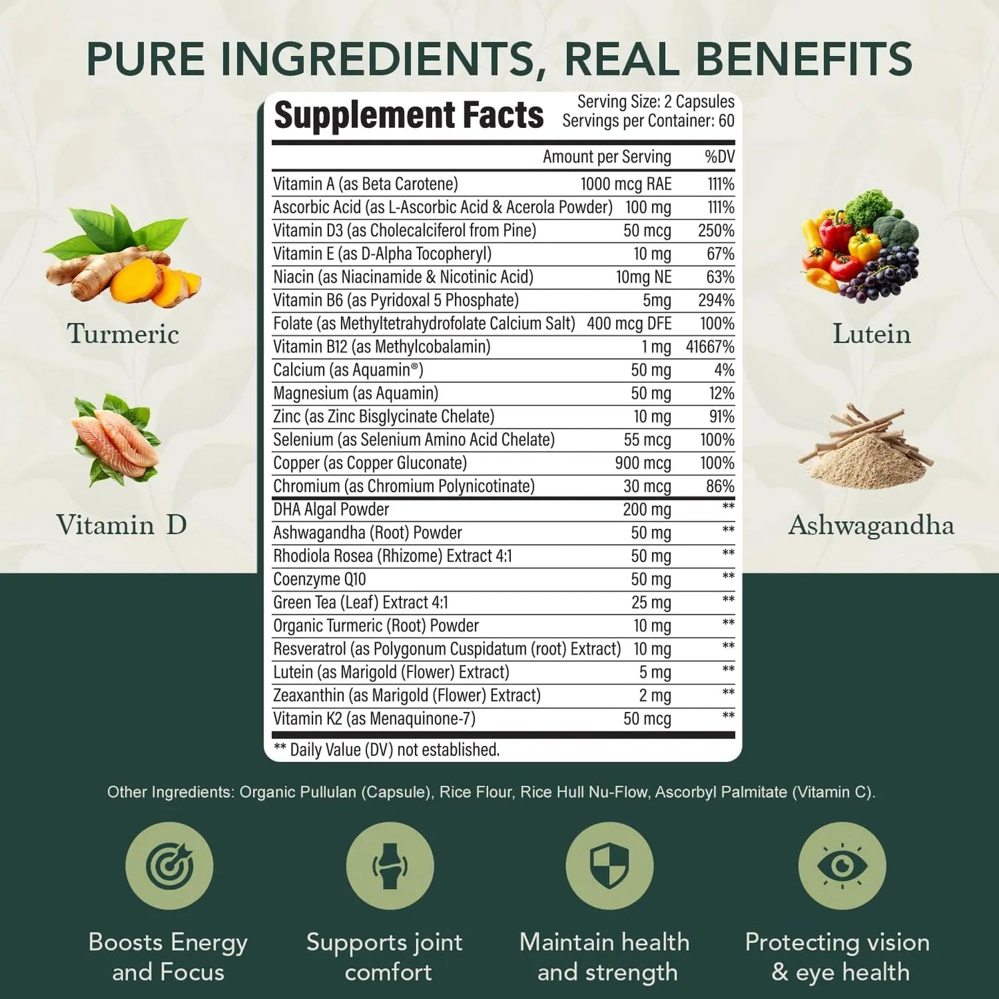 40 Plus Multivitamin for Women & Men with Vitamin A, D, B6, B12, E, Zinc, Magnesium, Calcium - Vegan, Gluten Free Elements of LIfe