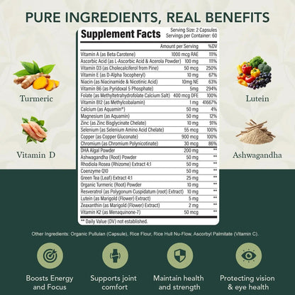 40 Plus Multivitamin for Women & Men with Vitamin A, D, B6, B12, E, Zinc, Magnesium, Calcium - Vegan, Gluten Free Elements of LIfe