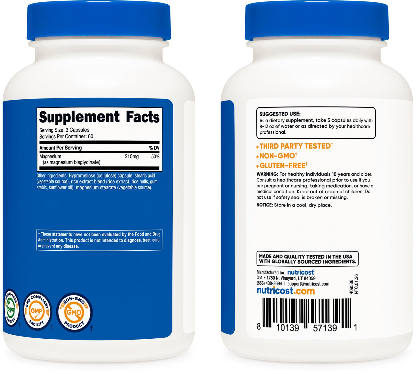 Nutricost Magnesium Glycinate Capsules (180 Capsules, 210 mg Per Serving) - Magnesium Glycinate Supplement for Gentle Absorption
