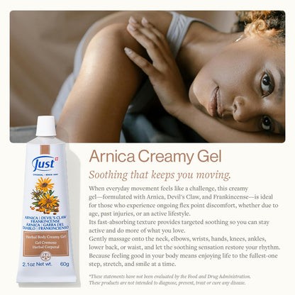 Swiss Just Arnica Gel, Arnica Creamy Gel 60g. Arnica Cream w/Devils Claw & Frankincense Oil. A Gentle Massage Cream on Wrists, Fingers, Knees, Ankles, Joints, Waist, Neck, and Back. SwissJustBuy Supplements Australia
