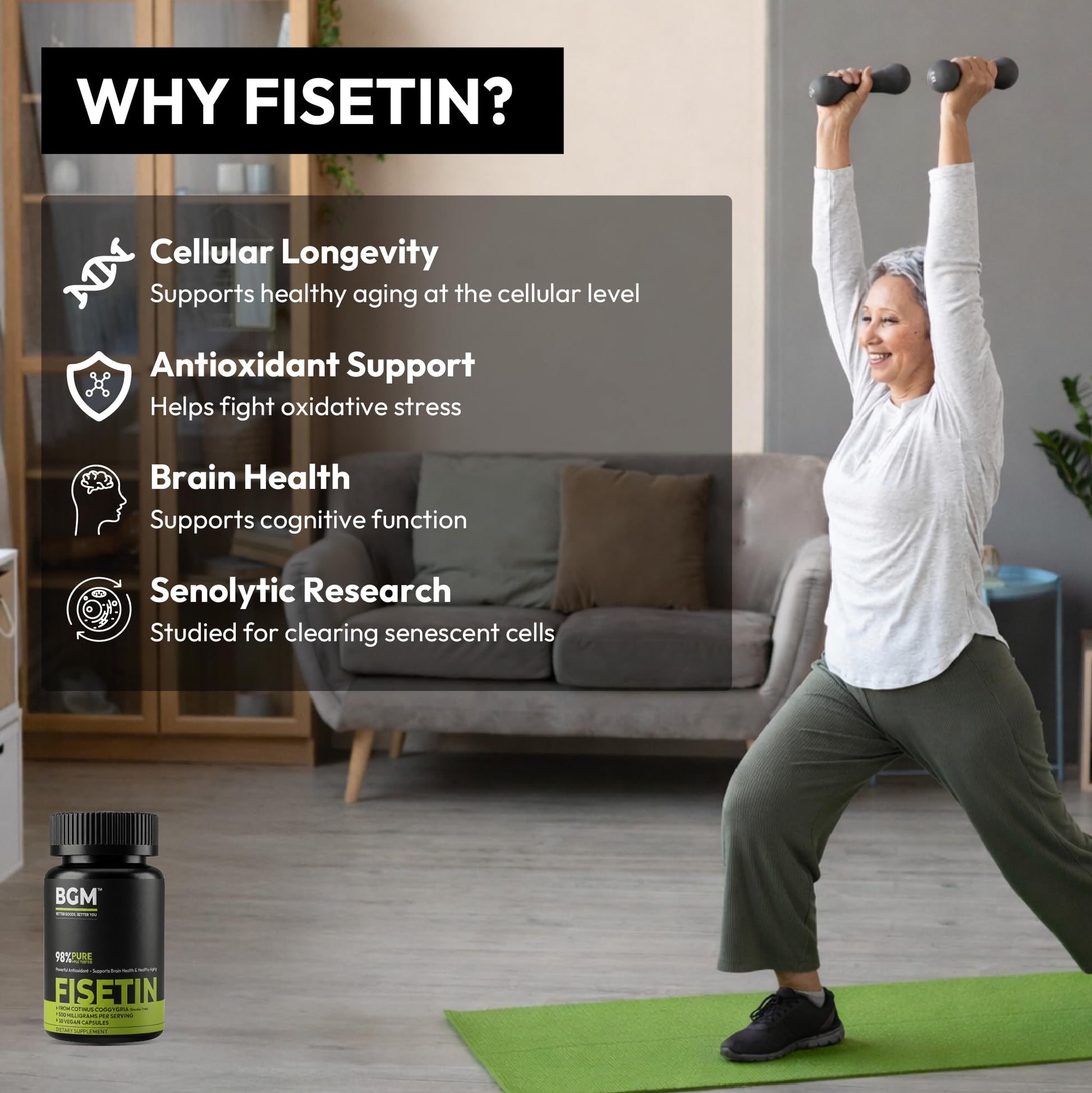 BGM Fisetin 500mg Supplement | Smoke Tree Extract (Cotinus coggygria) | 98% Pure Senolytic Antioxidant | Vegan Capsules | Supports Brain Health & Healthy Aging BGM Better Goods, Better YouBuy Supplements Australia