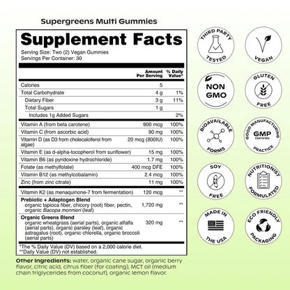 wholier Supergreens Multi Gummies, Daily Greens with Prebiotics, Fiber, Adaptogens, Plant-Based Multivitamin with 9 Essential Vitamins wholierBuy Supplements Australia