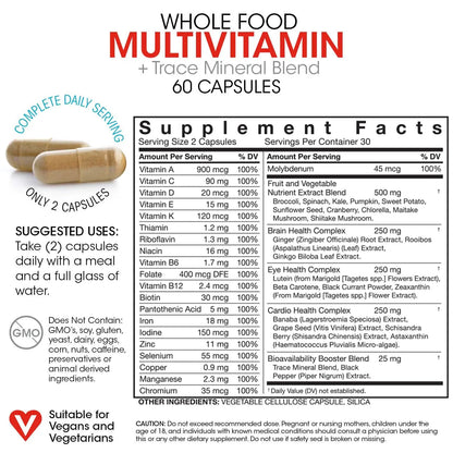 Silver Fern Whole Food Daily Multi Vitamin w/Trace Mineral Blend Supplement - 1 Bottle - 60 Vegicaps - 30 Day Supply - Natural Silver Fern