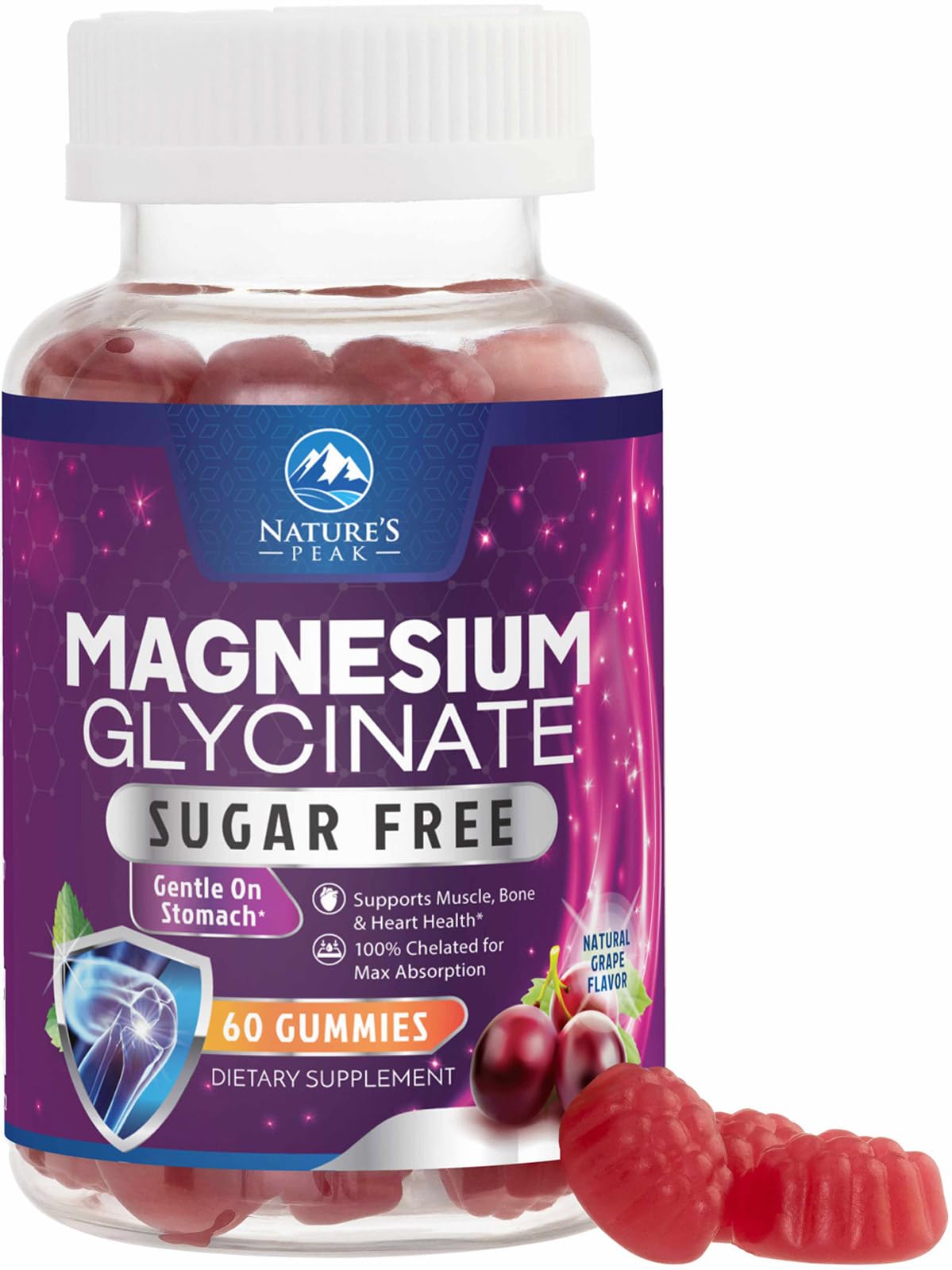 Magnesium Glycinate Gummies - Sugar Free - 100% Chelated Magnesium Gummy Supplement for Max Absorption - for Sleep Support & Heart, Muscle & Bone Health - Gentle on Stomach, Grape Flavor - 60 Gummies Nature's PeakBuy Supplements Australia