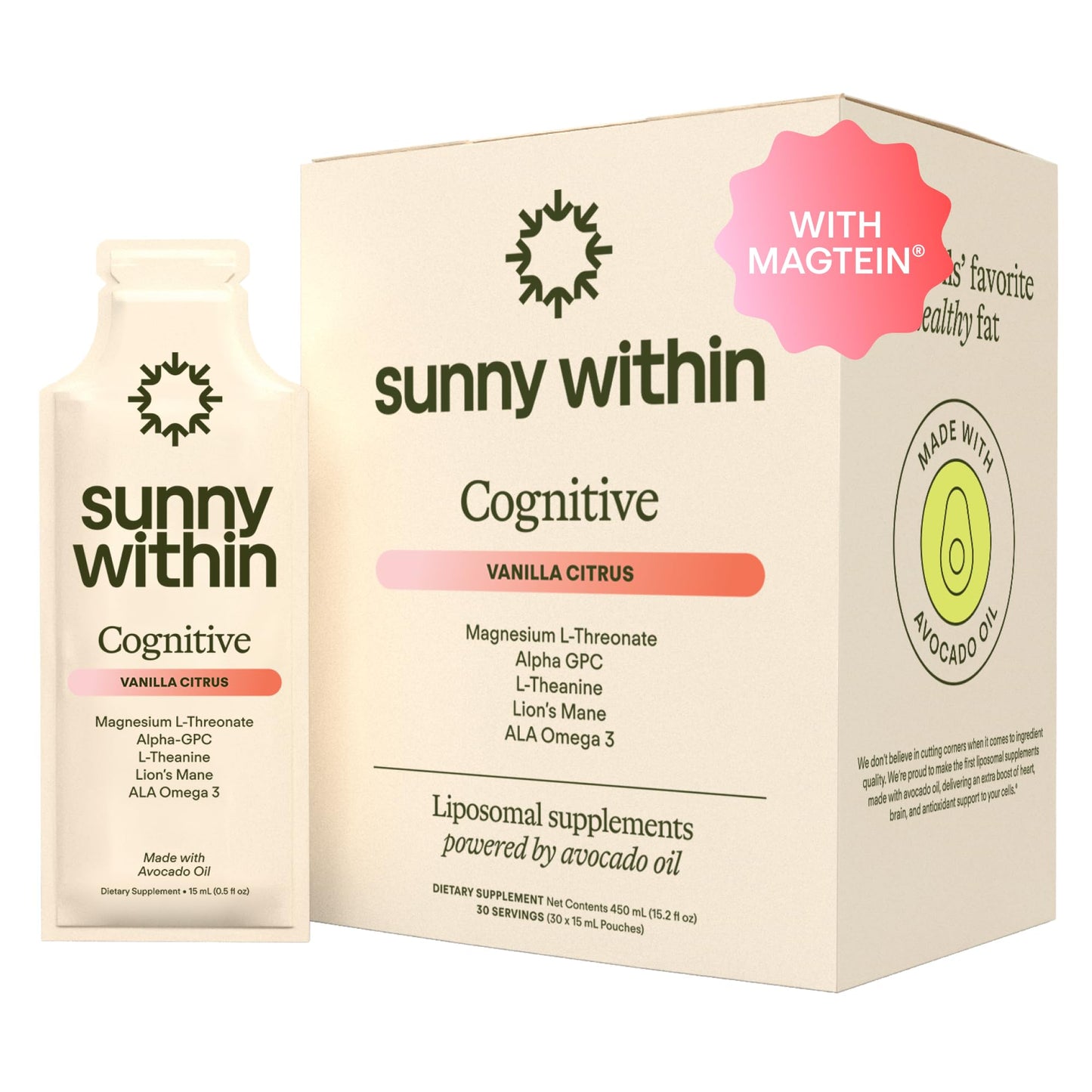 Sunny Within - Brain Health Supplement - Magnesium L-Threonate from Magtein®, Lion’s Mane, Alpha GPC, L-Theanine, ALA & Avocado Oil - Focus, Mood & Memory Support* - 30 Daily Vegan Pouches Sunny WithinBuy Supplements Australia