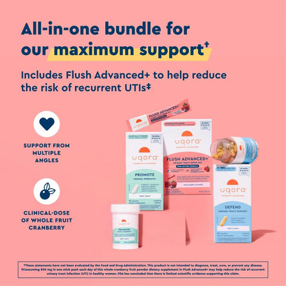 Uqora Flush Advanced+ Regimen with Flush Advanced+ - Cranberry to Reduce Risk of Recurrent UTI** - Defend & Promote - D-Mannose, Vitamin C, Green Tea Extract & Probiotics - 3-Part Bundle UqoraBuy Supplements Australia
