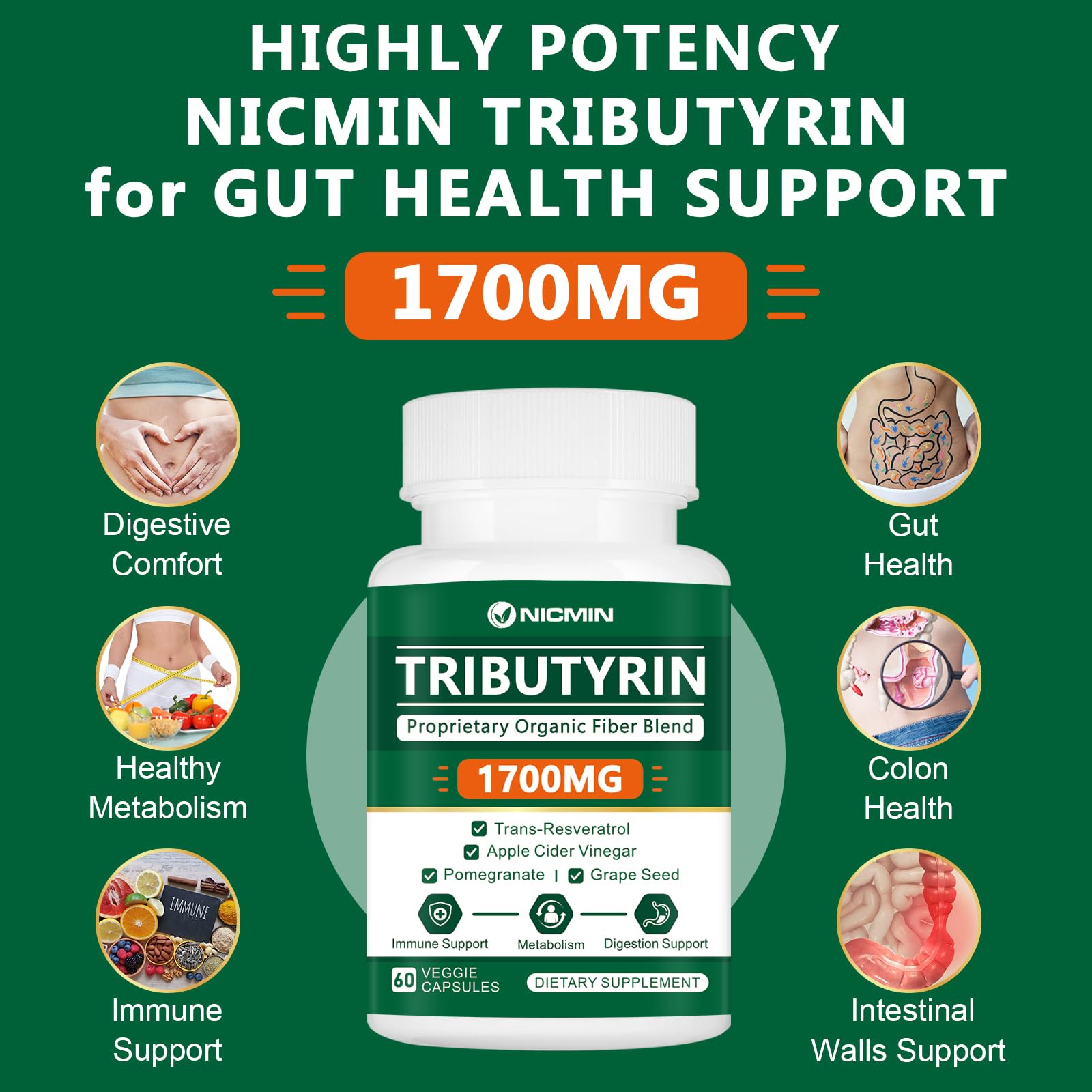 NICMIN Tributyrin Supplement - Premium Butyrate Gut Health Supplement for Leaky Gut 60 Capsules NICMINBuy Supplements Australia