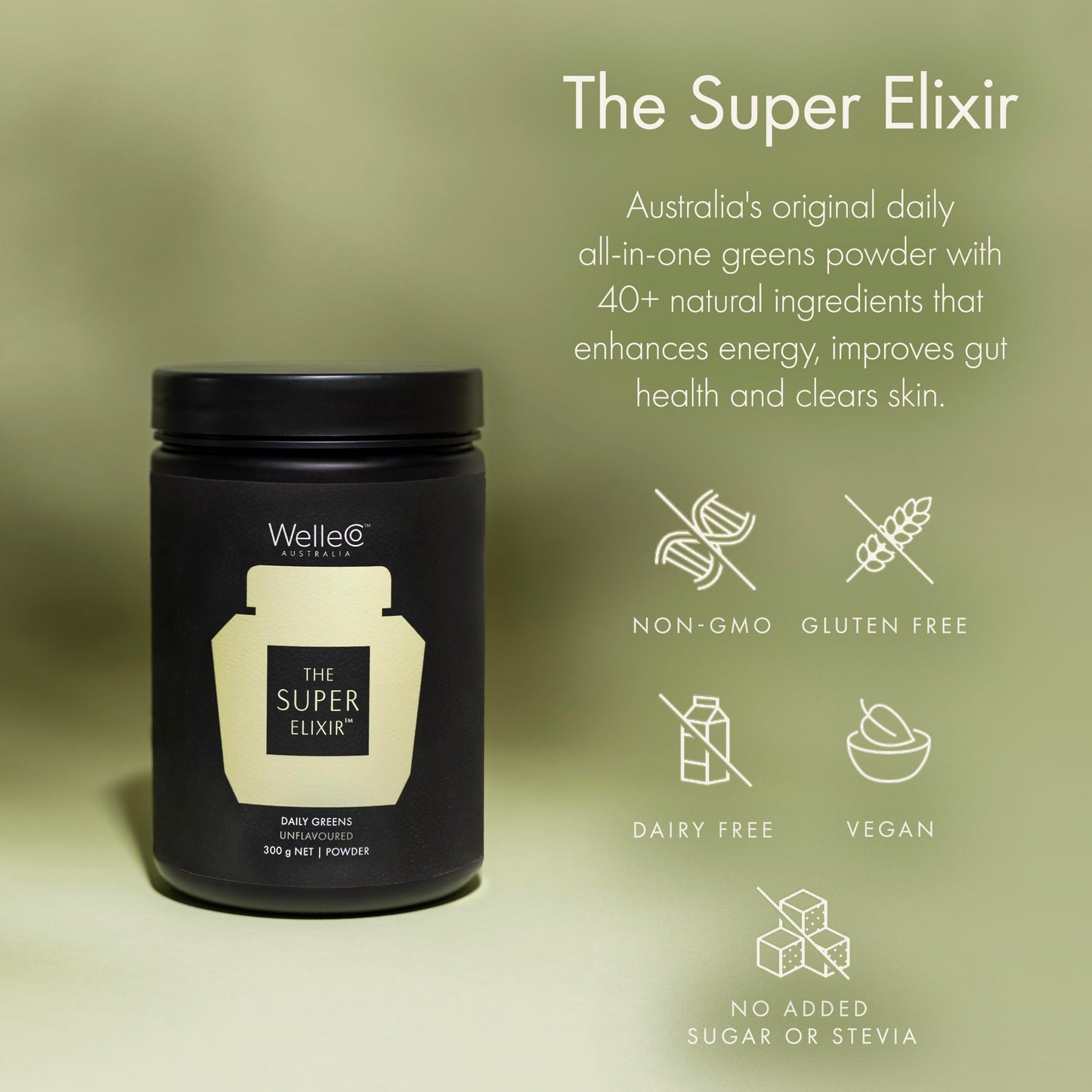 WelleCo The Super Elixir, Daily Greens Powder with Probiotics, Superfoods & Whole Foods, Unflavored Drink Mix for Gut Health, Immunity, Energy, Skin & Hair, 10.5oz Jar WelleCoBuy Supplements Australia
