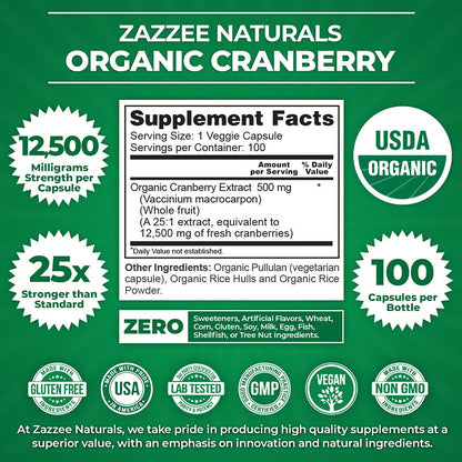 Zazzee USDA Organic Cranberry 25:1 Extract, 12,500 mg Strength, 100 Vegan Capsules ZazzeeBuy Supplements Australia