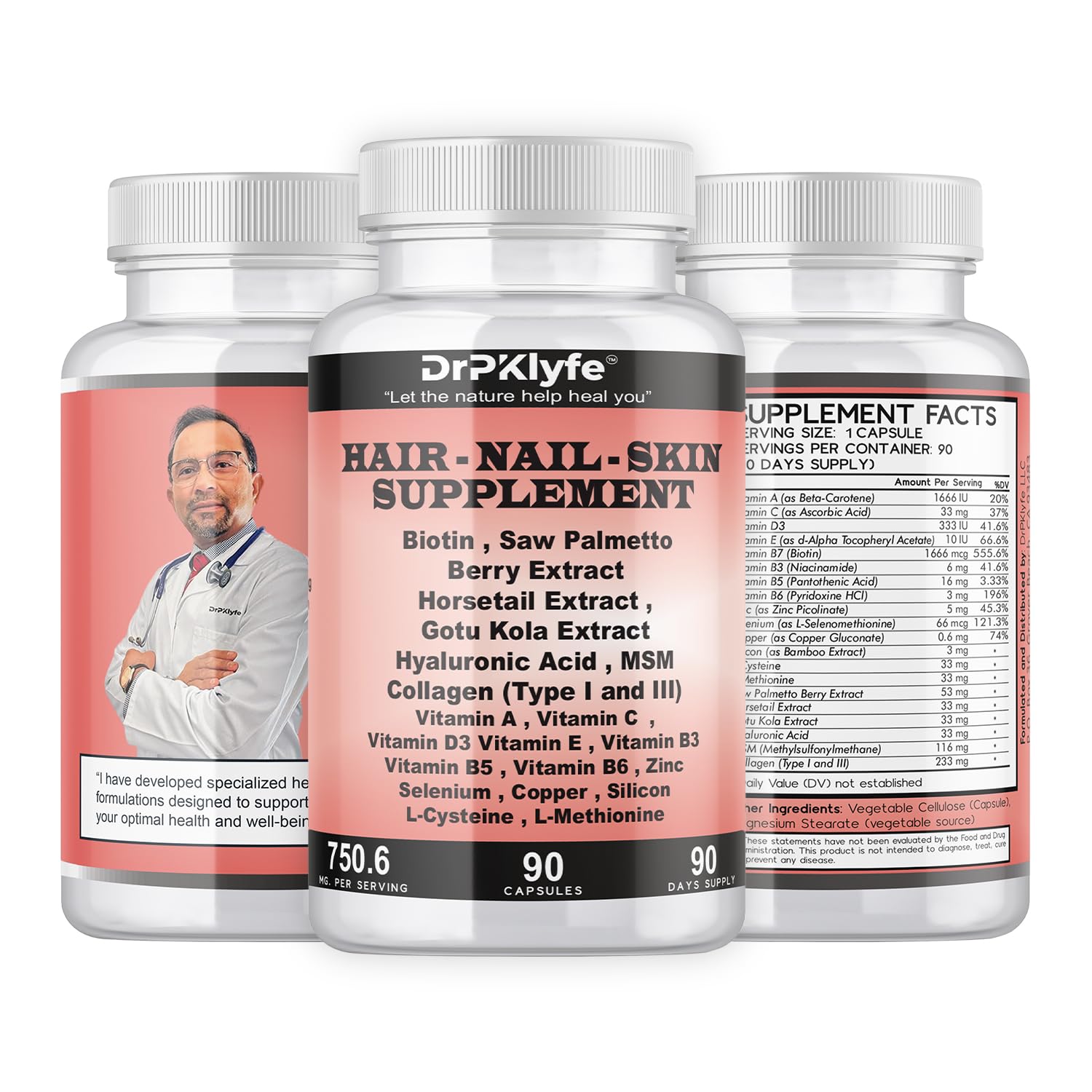DrPKLyfe Hair, Nail and Skin Supplement Capsules:Biotin, Collagen, Collagen Peptides, Acid Hyaluronic, Biotin, Vitamin A, C, B5, B6 Saw Palmetto & More - 90 Capsules. DrPKLyfeBuy Supplements Australia