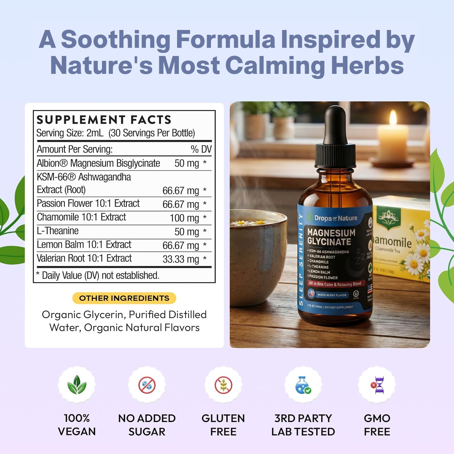 Magnesium Glycinate & Ashwagandha Liquid Drops with Valerian Root, Chamomile, Passion Flower, Lemon Balm & L-Theanine - Vegan Fast Absorption - Supplement for Wellness & Relaxation (Mixed Berry, 60mL) Drops Of NatureBuy Supplements Australia